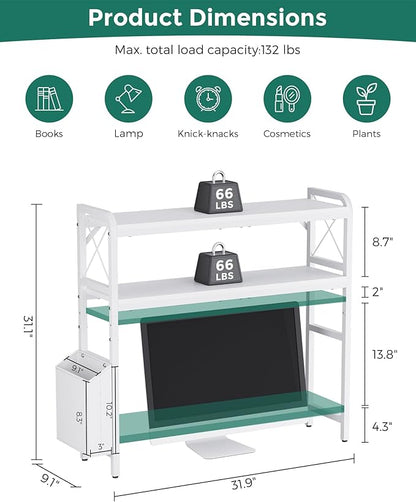 Desktop Shelves, Monitor Stand with Adjustable Shelves and Side Pockets, 2-Tier Desktop Bookshelf Organizer, Large Capacity Display Shelf Rack, Desk Hutch for Home Office, Study Room, White