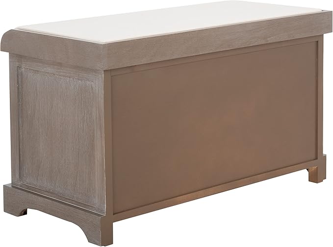 SAFAVIEH Home Collection – Freddy White Wash Storage Bench with Wicker Baskets & Cushion, Entryway Seating Bench, Fully Assembled (AMH5736G)