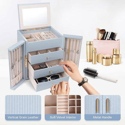 Dajasan Large Jewelry Organizer Box with Mirror, Jewelry Storage Organizer with 3 Drawers, 4-Tier Jewelry Gift Box for Women, Girls, Friends, Wife or Mother, Gift Idea (Smoky Blue)