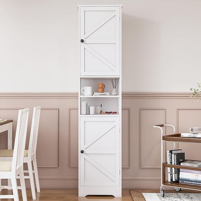 Tall Bathroom Storage Cabinet, Vertical Freestanding Organizer with Adjustable Shelf, Slim Design for Small Bathrooms, Towels & Toiletries Storage（White）