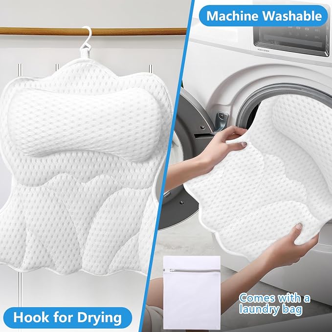 REEZEIVI Bath Pillows for Tub,Bath Pillow with 6 Non-Slip Suction Cups,Soft 4D Mesh Fabric,Bathtub Pillows for Tub Neck and Back Support,Extra Thick Luxury Bathtub Pillows,White