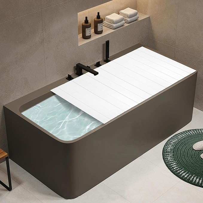White Wood Grain Foldable Bathtub Cover, PVC Waterproof Dustproof Bath Tub Lid, Heat Preservation Bathroom Tub Tray for Home Hotel Spa (59.06×27.56×0.26in)