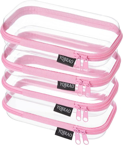 YQBRAO 4-Pack Clear Hard Shell Zipper Case, 1.2mm Ultra-Thick Diaper Bag Organizer Pouches, Rigid Self-Standing Travel Makeup Bags with YKK Zippers, TSA Approved, Pink