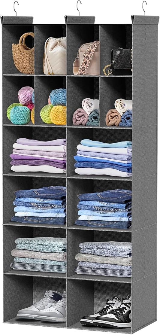 Ofiray-home 6 Tier Hanging Closet Organizer, 16 Compartments Sweater Organizer for Closet with 3 Sturdy Hooks, Closet Organizers and Storage, Wardrobe, Rv, Garment Rack, Grey