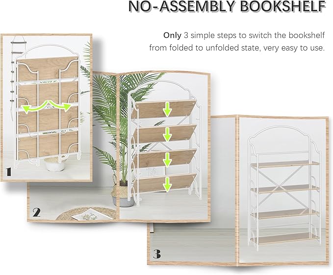 4NM No Assembly Extra Wide Folding Bookshelf for Living Room, 4 Tiers Collapsible Book Shelves Open Industrial Foldable Bookcase Storage Shelf for Home Office - Cloud Oak