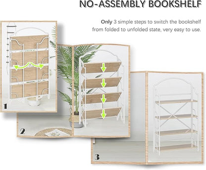 4NM No Assembly Extra Wide Folding Bookshelf for Living Room, 4 Tiers Collapsible Book Shelves Open Industrial Foldable Bookcase Storage Shelf for Home Office - Cloud Oak