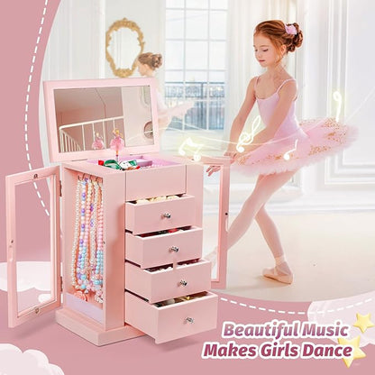 Emfogo Jewelry Box for Girls, Musical Jewelry Box with Spinning Dancer Gifts for Little Girls Christmas New Year Birthday Children's Day, 5 Layer Large Wooden Kids Music Jewelry Organizer Box(Pink)