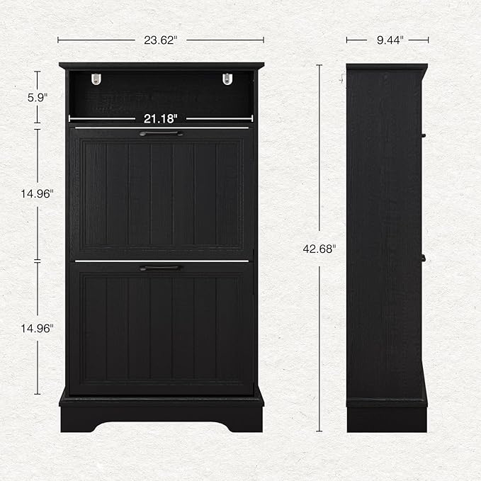 Shoe Storage Cabinet with 2 Flip Drawers, 24" W Farmhouse Modern Hidden Shoes Rack Cabinet with Adjustable Shelves & Open Storage, Narrow Slim Shoe Organizer for Front Door Entrance, Entryway, Black