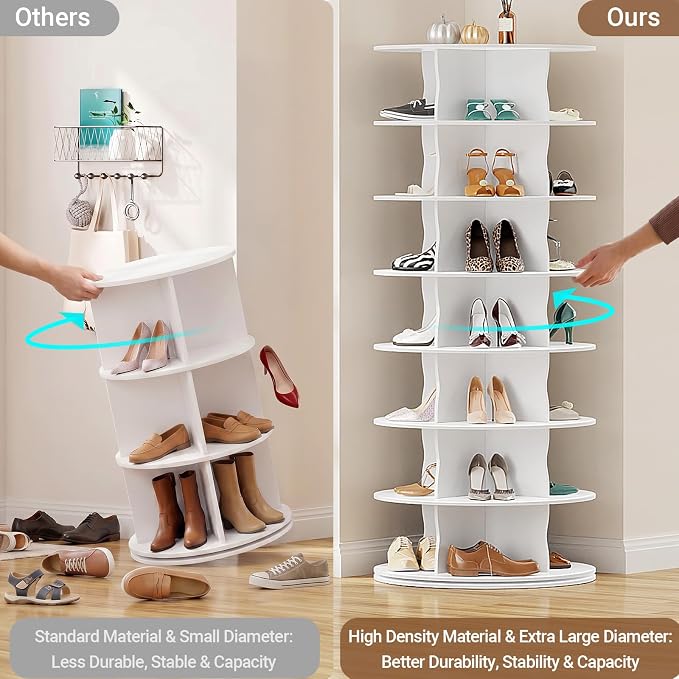 7-Tier Rotating Standing Shelf Unit with Dividers, 360° Storage Display Tower Vertical Floor Organizer, for Bedroom, Closet, Entryway & Office, Ideal for Shoes, Cosmetics & Handbags, White