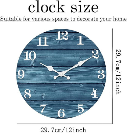 XFM 12 Inch Blue Wall Clocks for Kitchen Living Room Decor Silent Wooden Wall Clock Battery Operated Decorative Farmhouse Clock