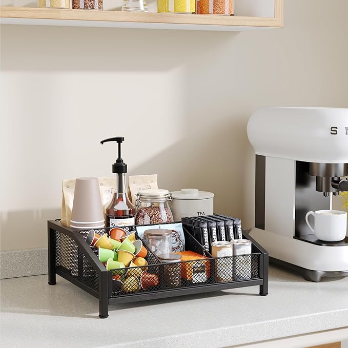 Homsorout Coffee Station Organizer - Coffee Bar Organizer with Removable Dividers for Pods Condiment Syrup Tea Stirrers, K Cup Holder for Kitchen, Office, Home, Countertop, Black
