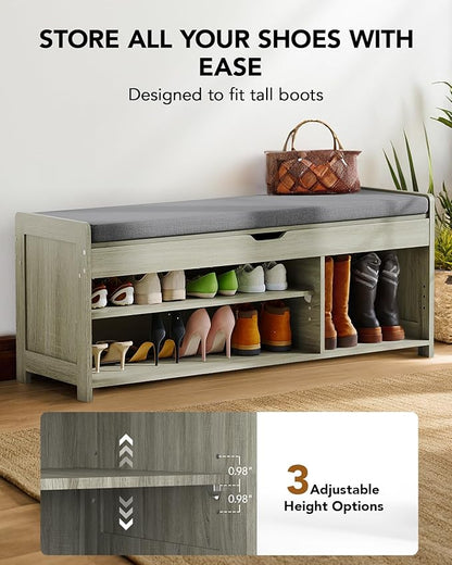 Amada Shoe Bench, 39.4” Entryway Bench with Cushioned Seat & Lift Top Storage, Adjustable Shelf, 300 lbs Capacity, 2-Tier Storage Bench with Shoe Rack for Entryway, Bedroom, Gray
