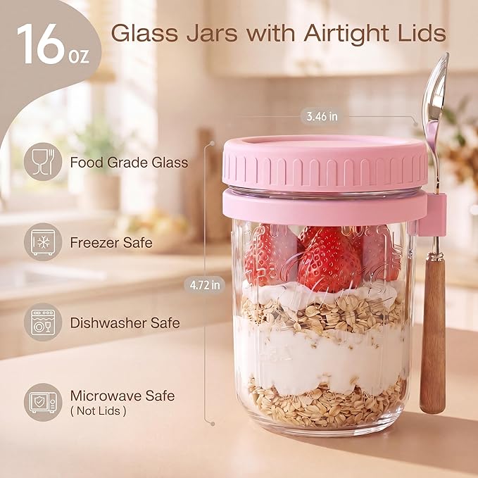16oz - 2 Pack Overnight Oats Jars with Lids and Spoon, Overnight Oats Container with Lids, Airtigh Oatmeal Containers with Measurement Marks, Wide Mouth Mason Jars for Salad, Cereal - Pink & White