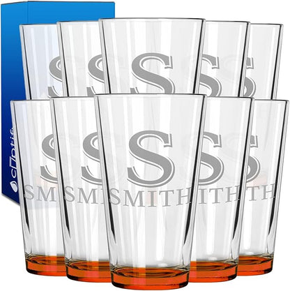 Personalized Beer Glasses Set of 10 Engraved Orange 16oz Pint Glasses for Men & Women, Custom Drinking Gift for Birthdays, Weddings, Father’s Day & More