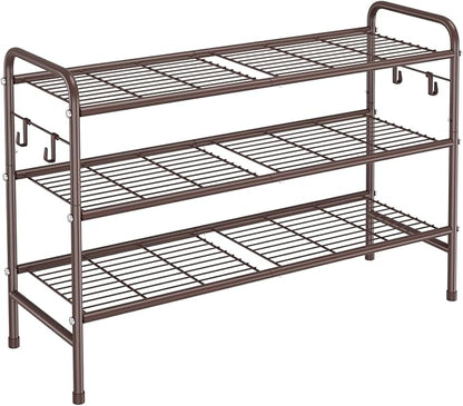3 Tier Shoe Rack 33" Wide Metal Shoe Organizer Long Shoe Storage with 4 Side Hooks Sturdy Shoes Shelf for Front Door Entrance, Closet, Garage, Dorm, Brown