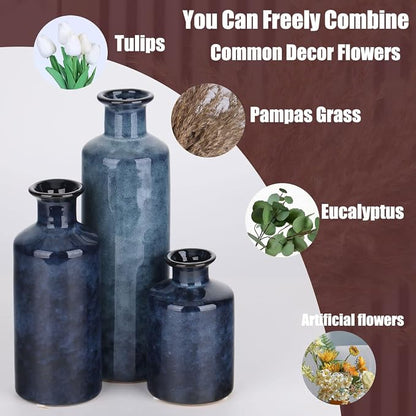 Blue Ceramic Vase Set - 3 Blue Small Vases, Farmhouse Country Flower Vase Home Decor, Living Room Decoration, Table Decoration, Fireplace Decor, and Entrance Decorations Centerpieces