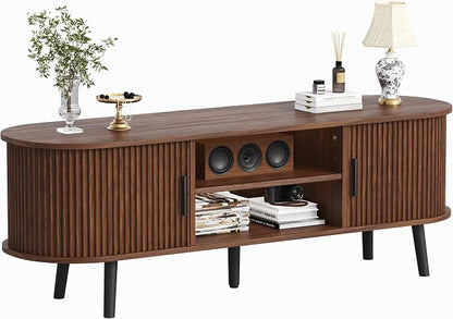ChooChoo Mid Century Modern TV Stand for TVs up to 60 Inch, Entertainment Center with Fluted Sliding Doors and Hidden Storage, TV Console with Adjustable Shelf for Living Room, Bedroom, Walnut