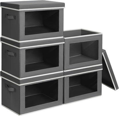 Homsorout Stackable Storage Bins with Lids - Medium Storage Box with Lids, Foldable Closet Boxes for Organizing, Wardrobe Clothes Organizer with Window, Cubes Bins for Living Room, 5 Pack, Dark Grey