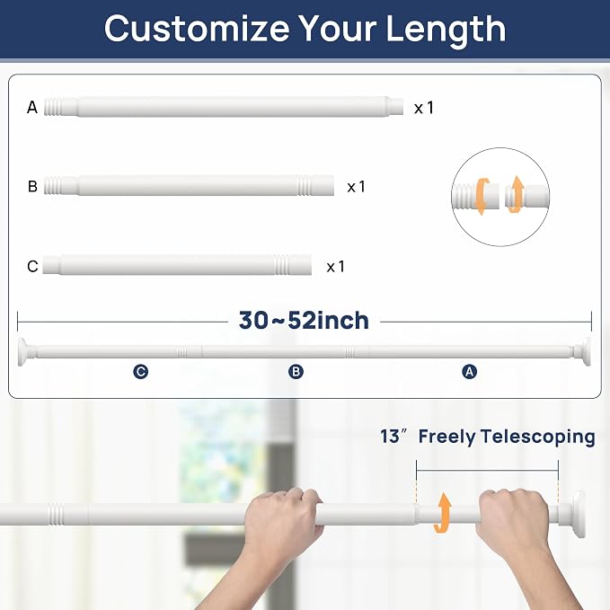 ENJOYBASICS Shower Curtain Rod 30 to 52 Inches, Stainless Steel Adjustable Spring Tension Rods No Drill for Bathroom, Closet, Window, Room Divider, Never Rust, Non Slip, White