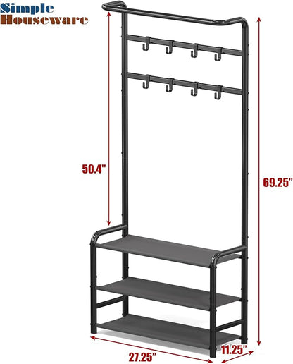 Simple Houseware Coat Rack with Storage Shelf, Freestanding Hall Tree with Hooks for Entryway, Bedroom, Office, Black Metal Clothes Hanger Stand for Coats, Hats, Jackets, Bags - Black