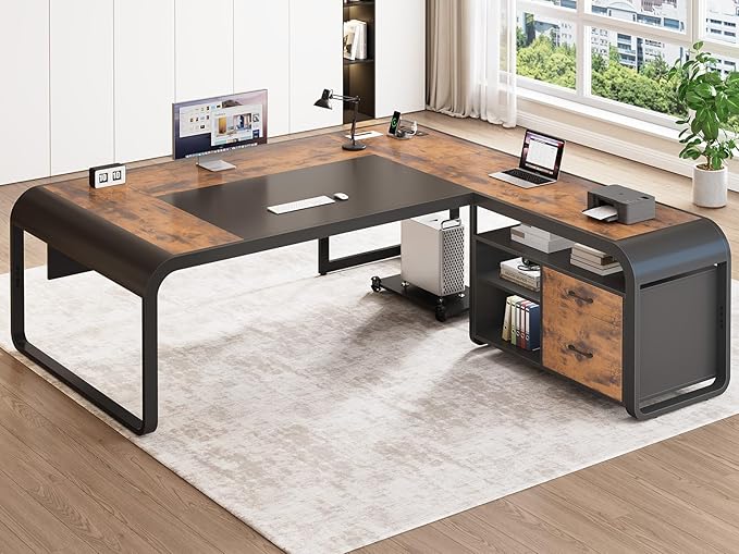 SEDETA 61 Inch Executive Desk, Large Office Desk with File Drawer, L Shaped Desk with Drawers, Computer Desk with Mobile CPU Stand, Storage Shelves, Power Outlets for Home Office, Rustic Brown