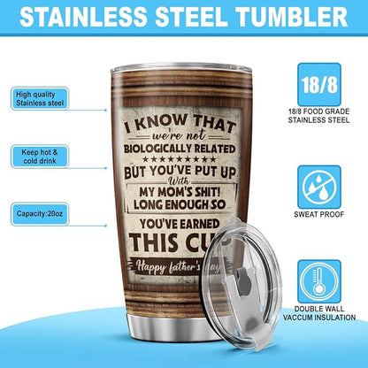 Funny Stepdad Gift from Kid, I Know We're Not Biologically Related Saying, Rustic Quote Design 20oz Insulated Stainless Steel Tumbler for Father's Day, Birthday, Christmas