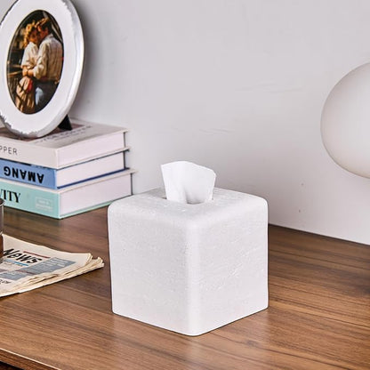 White Sandstone Tissue Box Cover Square for Home Decor,Resin Heavy Tissue Box Holder for Bathroom Countertop,Tabletop,Bedside Table,Office (Handmade of Resin)