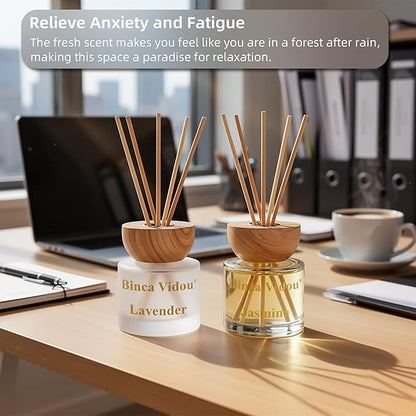 Reed Diffuser Set, Binca Vidou Lavender & Jasmine Natural Scent Oil Diffusers with Sticks for Home Office Bathroom Aromatherapy Decor 3.38oz x 2