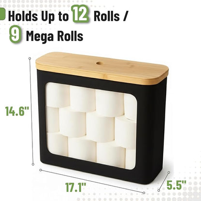 BAMBOO LAND- Toilet Paper Storage with Bamboo Lid for 12 Rolls, Black, Waterproof Bamboo Toilet Paper Holder Basket
