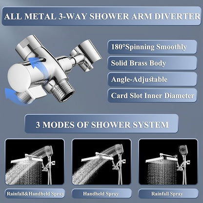 14 Inch Rain Shower Head with Handheld Spray Combo and Extention Arm, Rainfall Waterfall High Pressure Large Shower Heads, Dual Showerhead with 3-Way Diverter - Height/Angle Adjustable(Chrome)