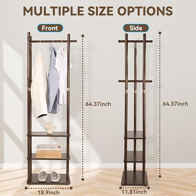 Wood Coat Rack Freestanding Clothing Rack with 3 Storage Shelves and 5 Hooks Coat Tree Heavy-Duty Garment Rack for Corner Entryways Living Rooms and Bedrooms, Walnut