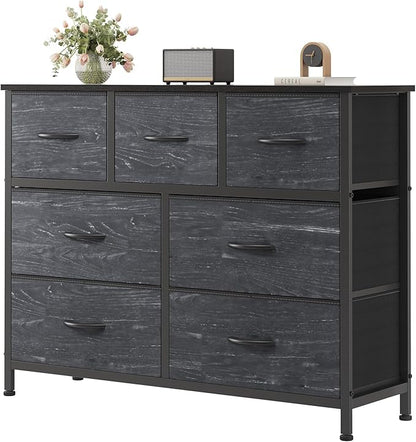 Sweetcrispy 7 Drawer Dresser, Fabric Storage Tower Organizer for Bedroom, Closet, Hallway, Entryway, Tall Chest of Drawers with Steel Frame, Wood Top, Large Storage, Black Wood Grain