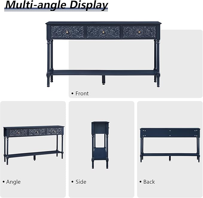 55.5" Carved Console Table with 3 Drawers, 2-Tier Sofa Table with Glossy Floral Surface and Solid Wood Legs, Mid-Century Modern Entryway Table for Living Room Hallway (Midnight Blue)