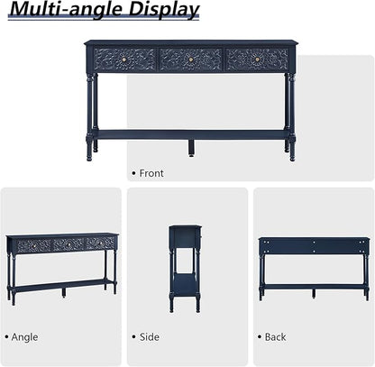 55.5" Carved Console Table with 3 Drawers, 2-Tier Sofa Table with Glossy Floral Surface and Solid Wood Legs, Mid-Century Modern Entryway Table for Living Room Hallway (Midnight Blue)