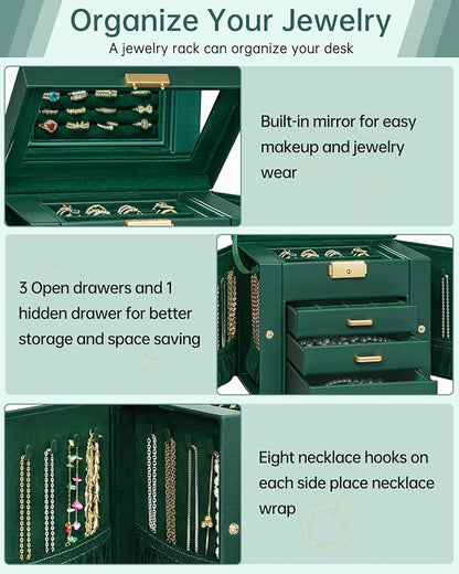 AKOZLIN 4-Tier Jewelry Box Leather Jewelry Storage Organizer with 3 Drawers Lockable for Women Girls Ring Necklace Earring Bracelet Holder with Mirror Forest Green