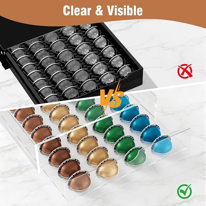 Jumyee Acrylic Coffee Pod Drawer for Nespresso Vertuo Pod Holder, Clear Coffee Capsule Organizer Storage Drawer for Counter 40 Pods
