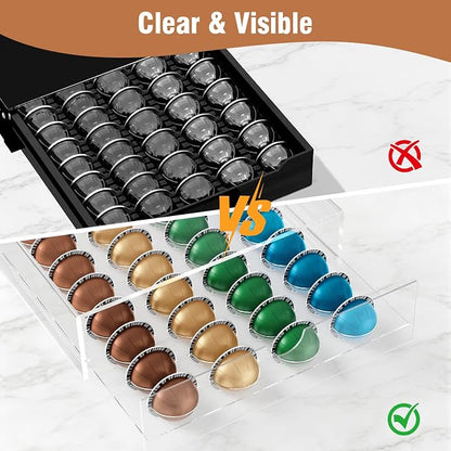 Jumyee Acrylic Coffee Pod Drawer for Nespresso Vertuo Pod Holder, Clear Coffee Capsule Organizer Storage Drawer for Counter 40 Pods
