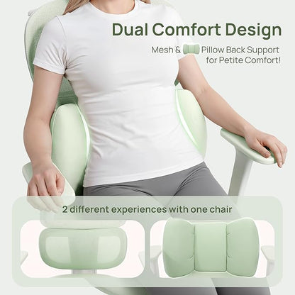CabLady S1 Petite Ergonomic Office Chair Design with Detachable Pillow Lumbar Cushion, Coat Hanger, 2D Headrest & PU Armrests, Cloud Seat & Footrest Cute Desk Chair for Women Girls