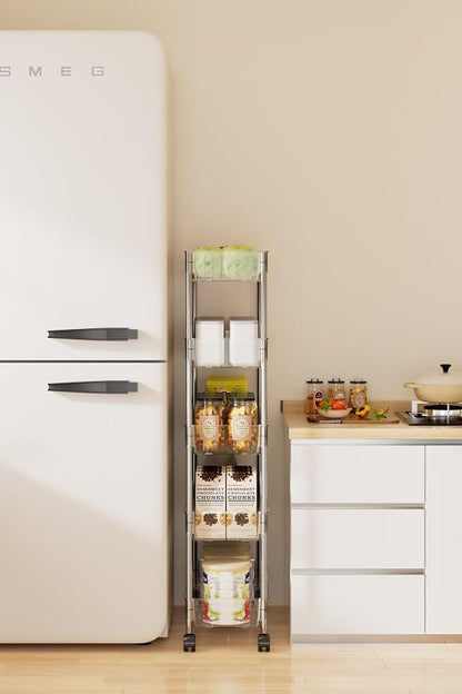Sooyee Clear 4 Tier Slim Storage Cart,Rolling Storage Cart,Narrow Shelf,Bathroom Rack,Mobile Shelving Unit Organizer for Kitchen, Bathroom, Laundry Room