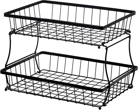 HOSY 2 Tier Steel Basket, Standing Storage Rack Ideas for Fruits, Vegetables, Bread, etc. (14-inch)