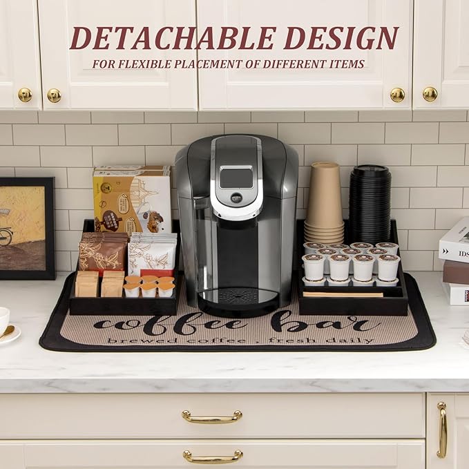 ANBOXIT Coffee Station Organizer for Countertop, Condiment Service Organizer, Coffee Bar Supplies Caddy for Home, Office and Breakroom - Wooden, Black, 9 Compartment, Two-in-One