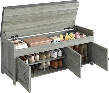 Pipishell 2-Tier Shoe Storage Bench with Cushioned Seat, Entryway Bench with Adjustable Shelf & Barn Doors, 300 lbs Capacity, 43.4" W x 16" D x 18" H, for Entryway, Bedroom, Living Room, Gray