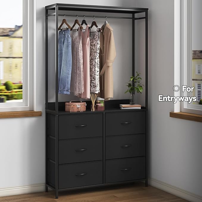 6 Dresser Drawer with Hanging Rack, 2-in-1Tall Dresser for Bedroom/Closet, Fabric Dressers & Chests of Drawers, Sturdy Alloy Steel Frame, Space Saving Closet Organizer