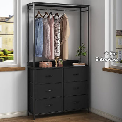 6 Dresser Drawer with Hanging Rack, 2-in-1Tall Dresser for Bedroom/Closet, Fabric Dressers & Chests of Drawers, Sturdy Alloy Steel Frame, Space Saving Closet Organizer