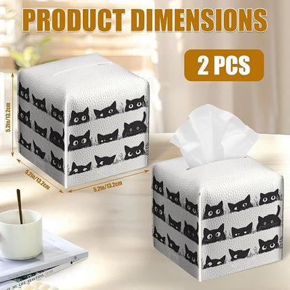 Cute Black Cat Tissue Box Cover 2PCS, Leather Tissue Box Holder Square Facial Paper Case Tissue Box Cube Organizer for Bathroom Bedroom Desk Office