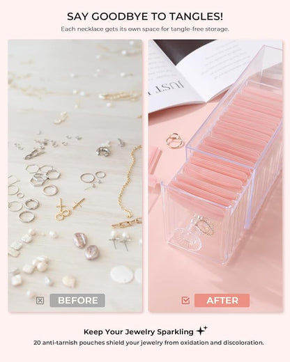 HOMEHIVE Clear Acrylic Jewelry Organizer Box with 20 Portable Pouches, Jewelry Storage Case for Women Girls, Tangle-Free, Anti-Tarnish, Compact Storage for Necklaces/Earrings/Rings, Upgraded Pink