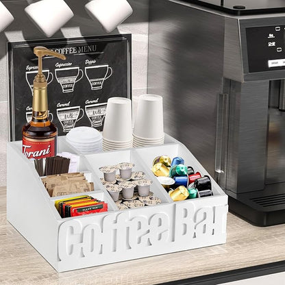 Coffee Bar Organizer for Accessories, Wood Station for Countertop, Farmhouse Pod Holders, White Condiment Organizer for Decor