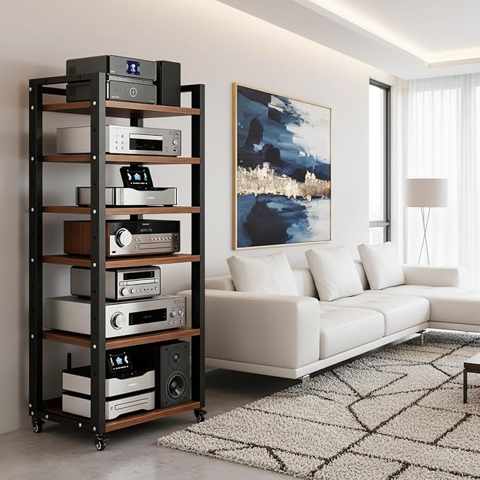 6 Tier AV Media Stand, 55in Audio Rack Tower Stereo Components Cabinet, Home Theatre CD Record Player Stereo Receiver Equipment Rack with Adjustable Wood Shelves, Load 400lbs (Walnut Brown)