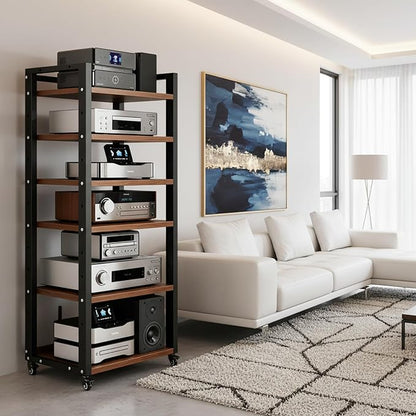 6 Tier AV Media Stand, 55in Audio Rack Tower Stereo Components Cabinet, Home Theatre CD Record Player Stereo Receiver Equipment Rack with Adjustable Wood Shelves, Load 400lbs (Walnut Brown)