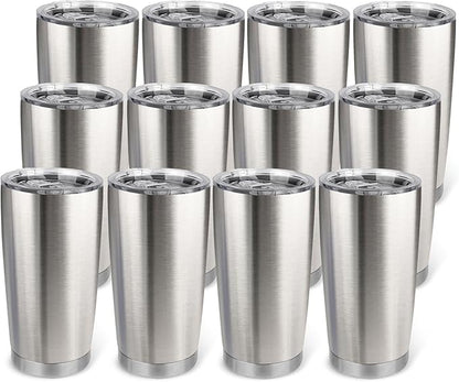 20oz Stainless Steel Tumbler Bulk with Lid, Travel Mug - Double Wall Vacuum Powder Coated Cup - Stainless steel, 12 Pack